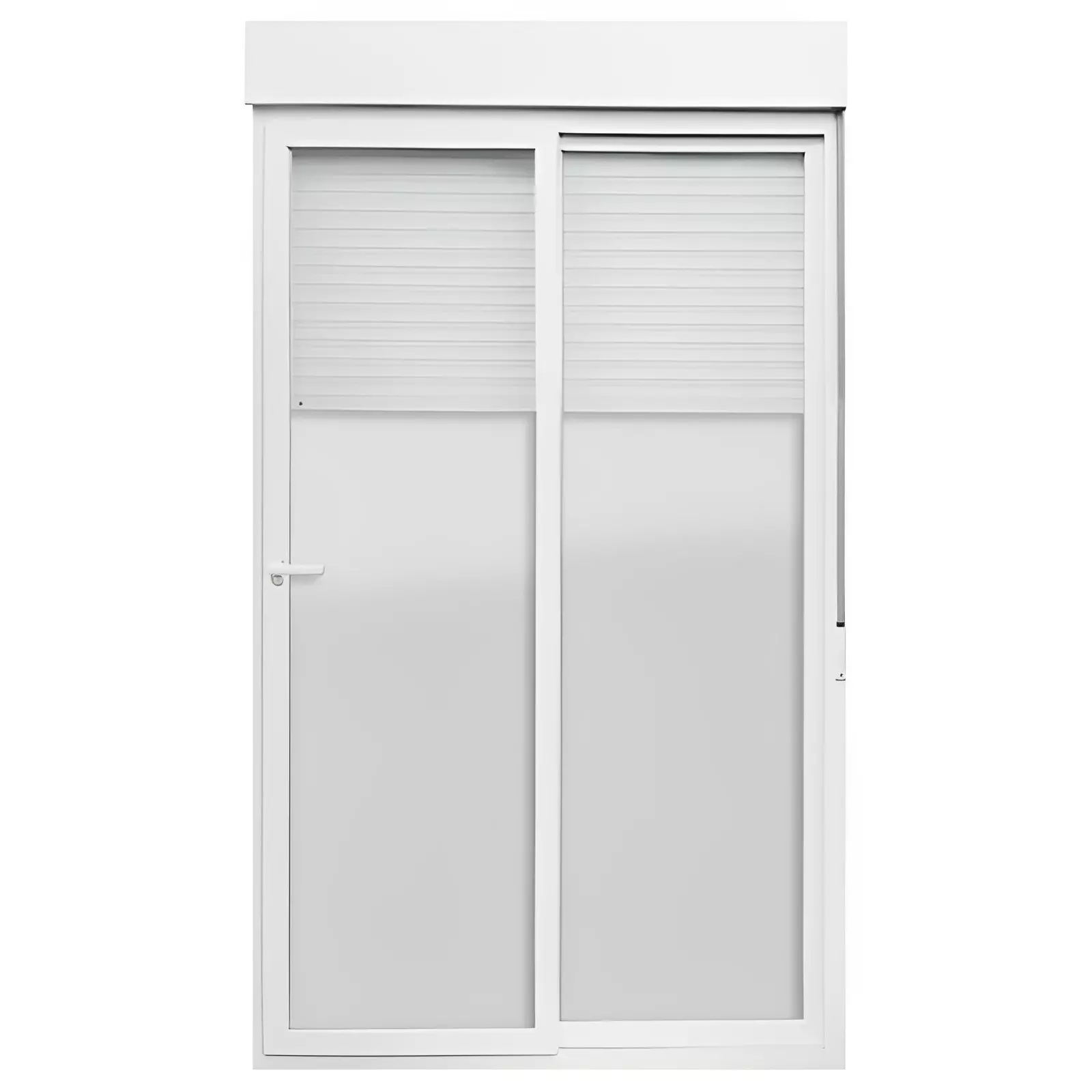 Porta Balcão de Correr de PVC Branco 2 Folhas Móveis Com Persiana Integrada e Fechadura Brimak Esquadrias Linha Itec