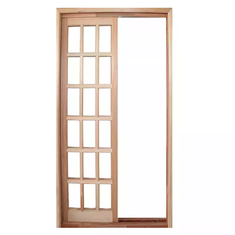 Porta Balcão de Correr de Madeira Padrão Cedro Quadriculada 2 Folhas Reto Batentes de 14 CM Esquadrias Longo